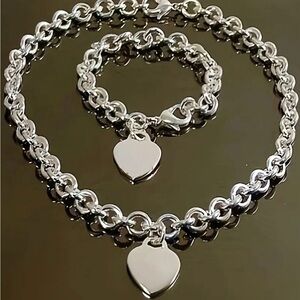 Silver Heart Charm Necklace and Bracelet Set
